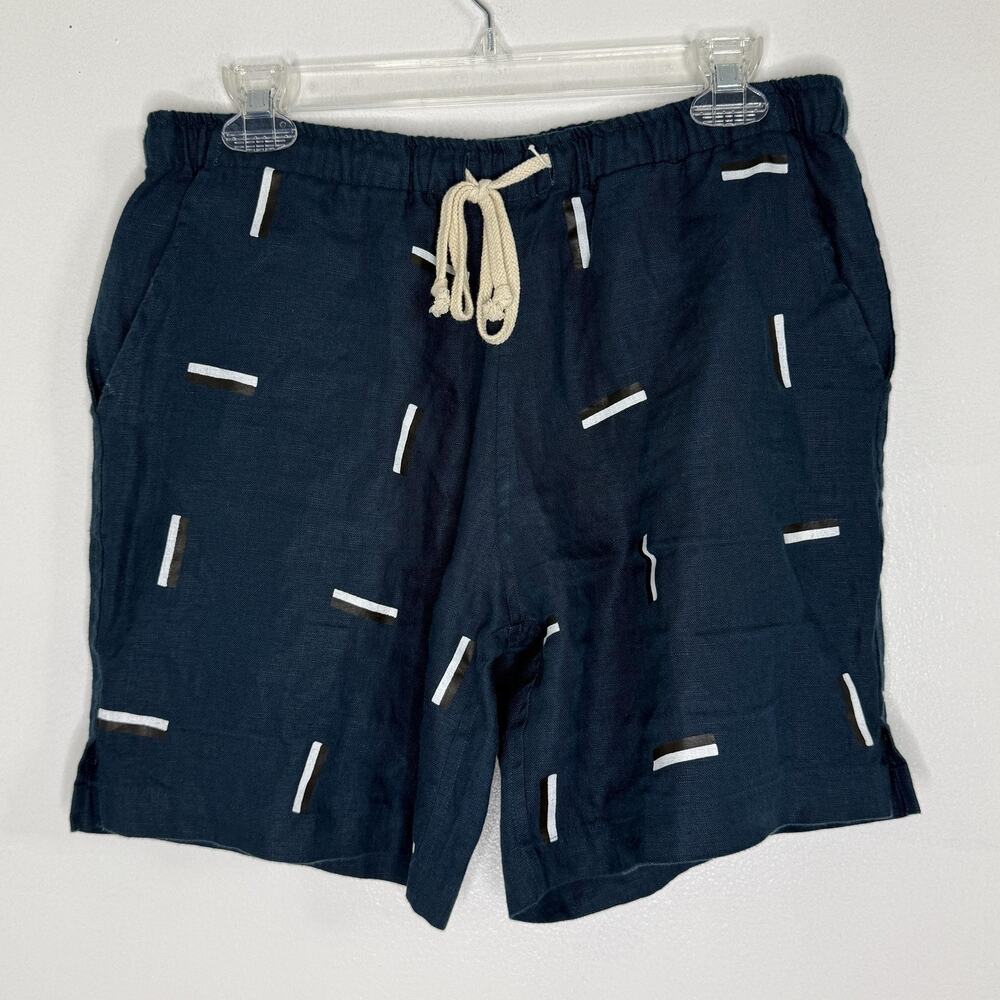 Alex Crane Shorts Mens Medium Blue Linen Chino Geometric 6.5" Elastic Waist